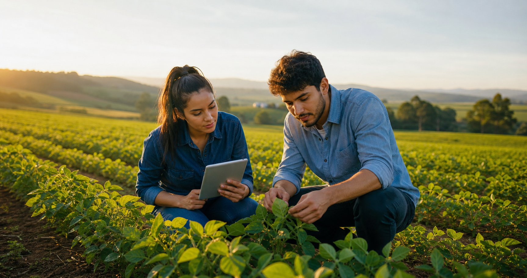 Estudantes de Agronomia analisando uma plantação
