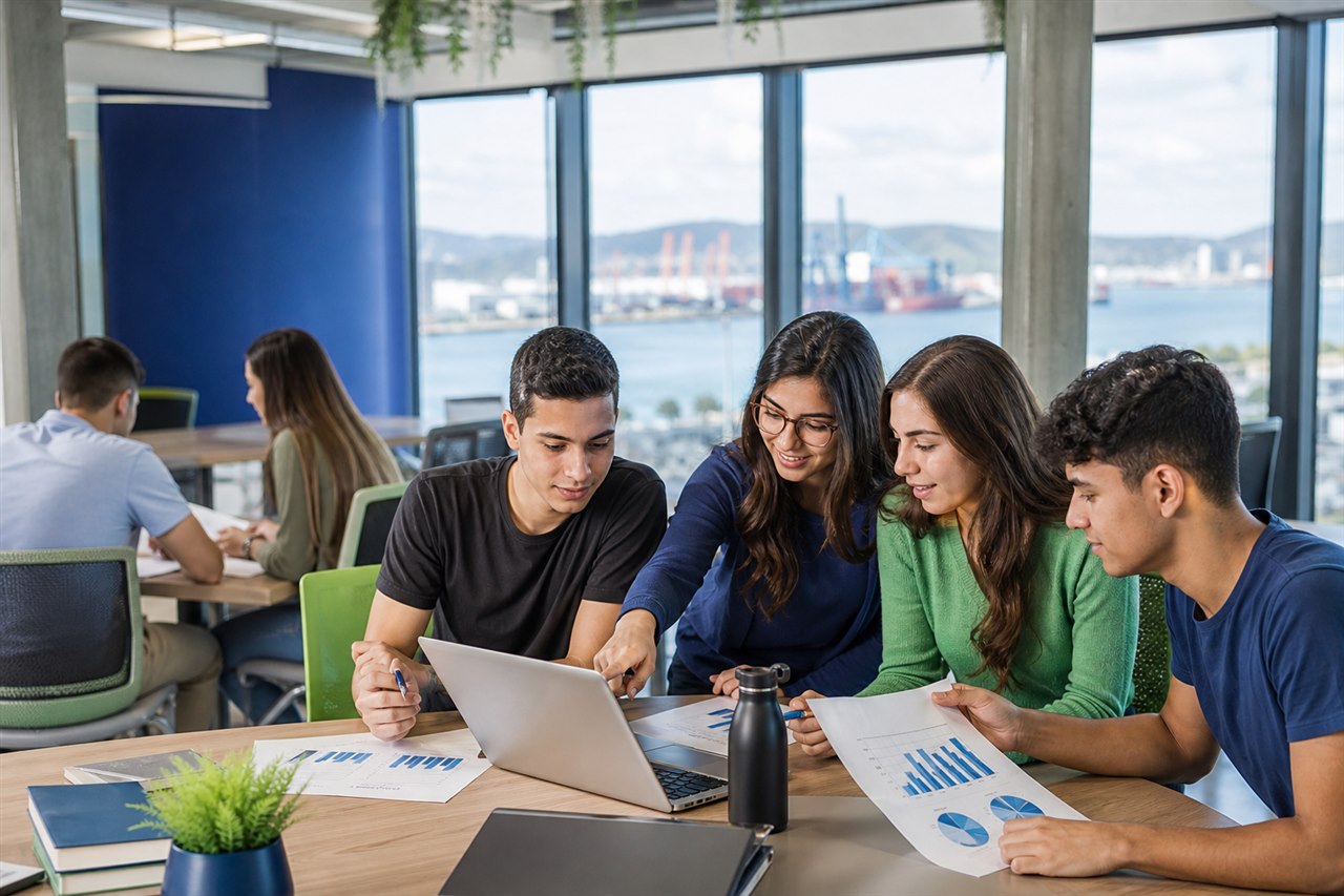 Estudantes de Ciências Contábeis analisando informações financeiras