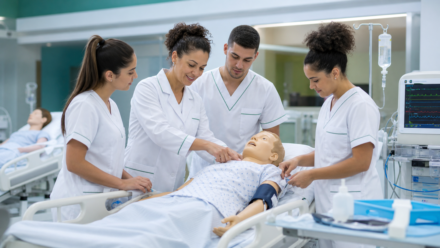 Estudantes de Enfermagem em laboratório de simulação